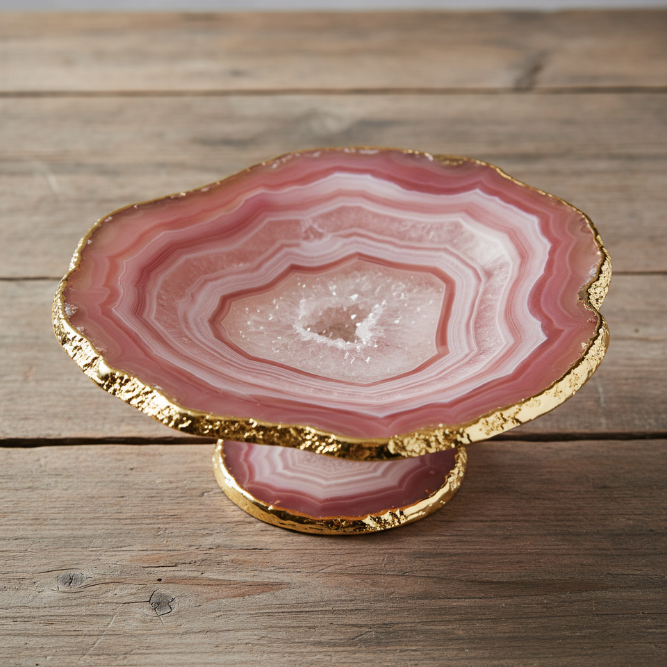 Fruteira de ágata rosa natural com pedestal dourado, bordas orgânicas irregulares e padrões de bandas naturais