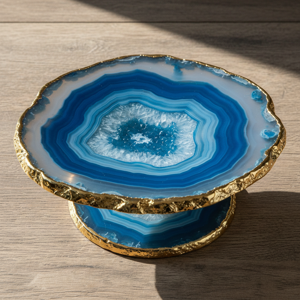 Fruteira de ágata azul natural com pedestal dourado, bordas orgânicas irregulares e padrões de bandas naturais